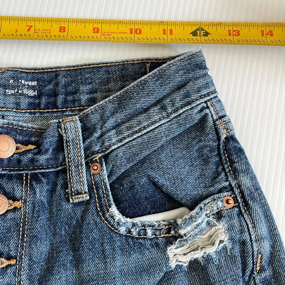 Old Navy super distressed high rise, straight leg, button fly jeans. Girls 14